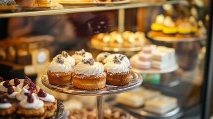 Bakery display case with fresh pastries and muffins