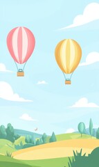 Colorful hot air balloons soar above a lush green field during a sunny day adventure. Generative AI