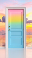  A painted rainbow door handle on a blue door in front of a multicolored pink, blue, yellow, and green door