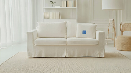 Cozy minimalist living room with a white sofa and a soft rug in a serene setting