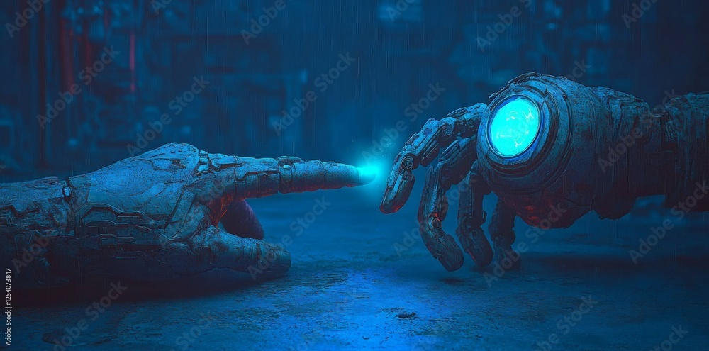 Poster a 3d rendered medically precise image of a man's interaction with a robot
