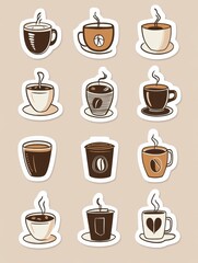 Obraz premium style stickers featuring a variety of coffee cups and beans suitable for coffee lovers and beverage enthusiasts. Generative AI