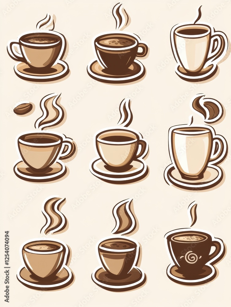 Poster style stickers featuring various coffee cups and beans in a playful design. generative ai