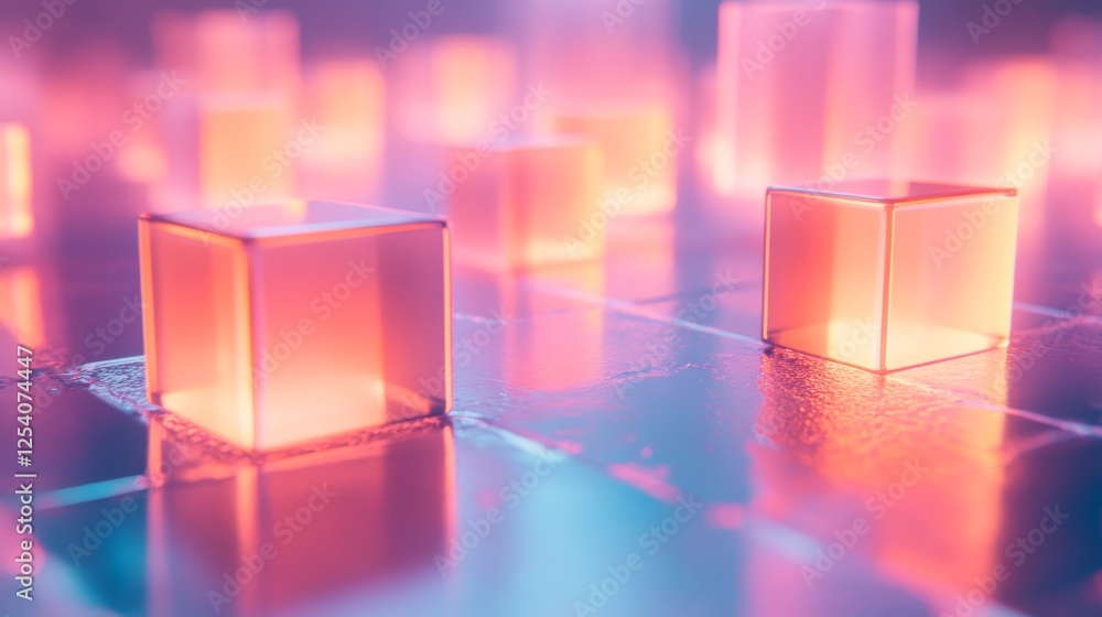 Poster illuminated translucent cubes stand on a reflective tiled surface