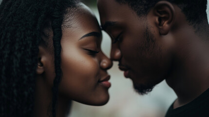 A close-up of a couple&acirc;s foreheads touching, their eyes closed in an intimate moment