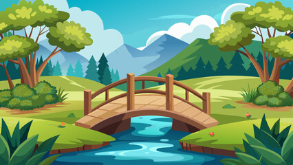 Wooden bridge over tranquil lake, lush green trees, vibrant landscape, distant mountains, fluffy white clouds, sunny day, picturesque scenery, colorful cartoon style, digital illustration
