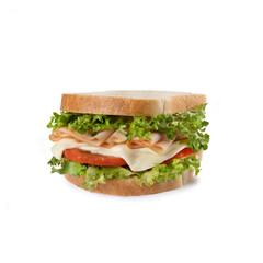 Delicious sandwich with turkey ham, cheese, tomato and lettuce, side view, close-up, isolated on white background