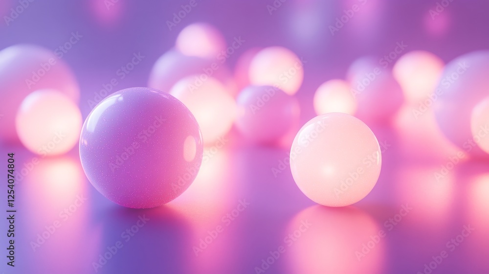 Poster spherical objects glow with soft light against a reflective surface