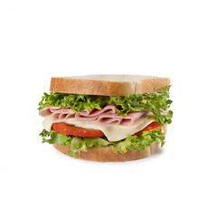 Delicious sandwich with ham, cheese, tomato and lettuce, side view, close-up, isolated on white background