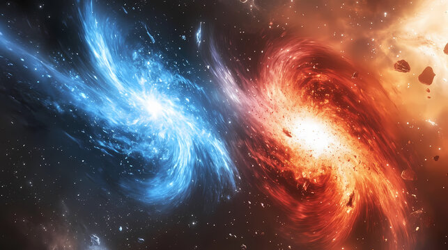 Photo of blue and red stars colliding and collapsing in space. Collapsing Starscapes. Illustration