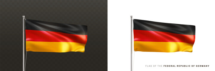 Realistic national flag of the Federal Republic of Germany on a metal flagpole isolated on black and white background. Waving in the wind flag. German patriotic symbol. 3d vector illustration