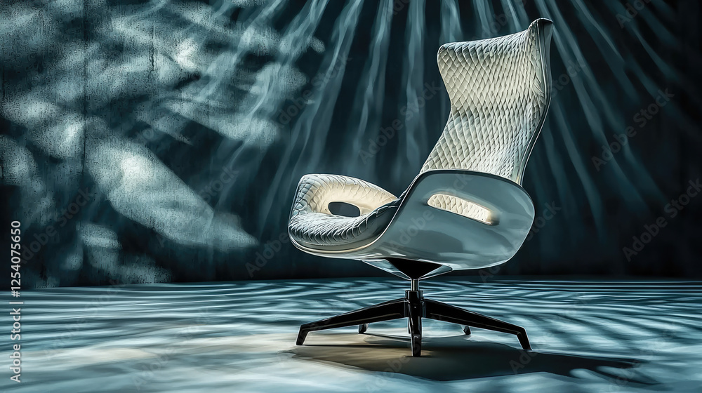 Poster modern ergonomic chair in a dimly lit room with abstract light patterns creating a serene atmosphere
