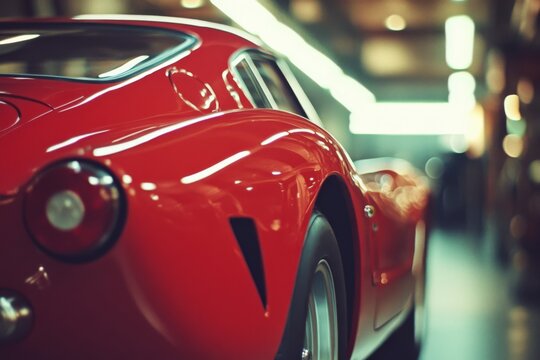 The sleek curve of a classic red sports car is illuminated under soft lights, emphasizing its elegance and timeless allure.