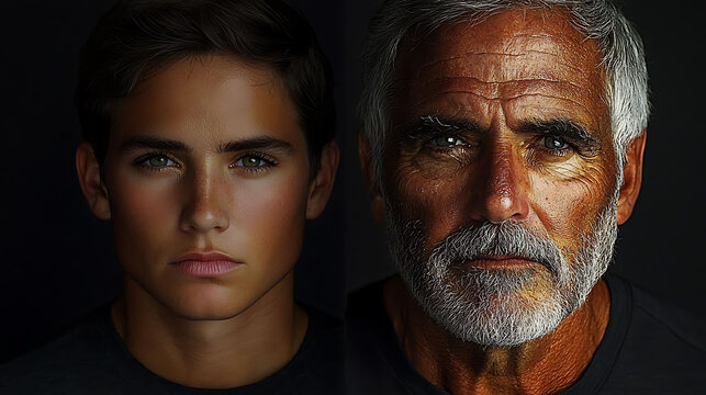 Dramatic closeup portraits of a young man and older man, sidebyside.  High contrast lighting accentuates their features, showcasing the passage of time and generational differences.