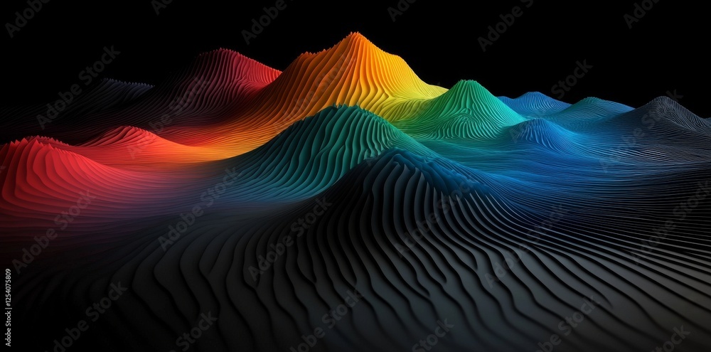 Poster abstract dark flowing shape with a line of colorful light on a dark background