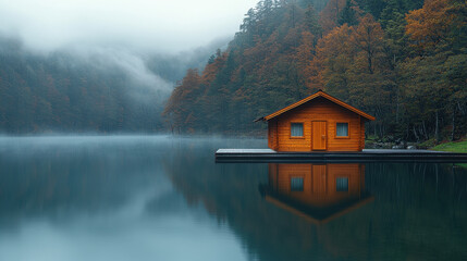 Obraz premium Wooden sauna by a tranquil lake invites relaxation in a misty Scandinavian morning surrounded by nature