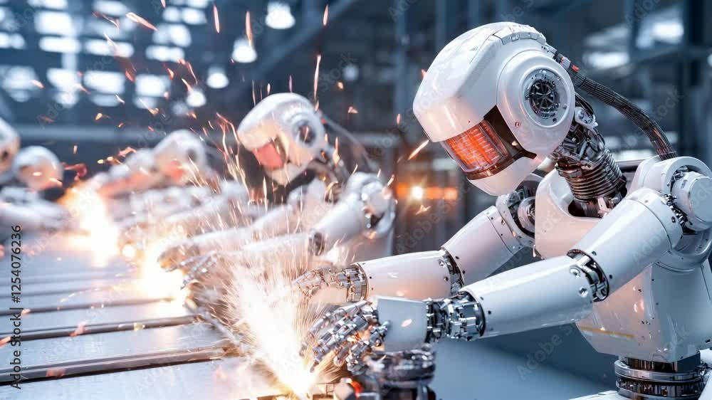 Poster futuristic robots working on an assembly line with sparks flying.
