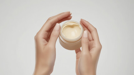 Close up of female hands holding moisturizing cream jar for skincare and beauty routine