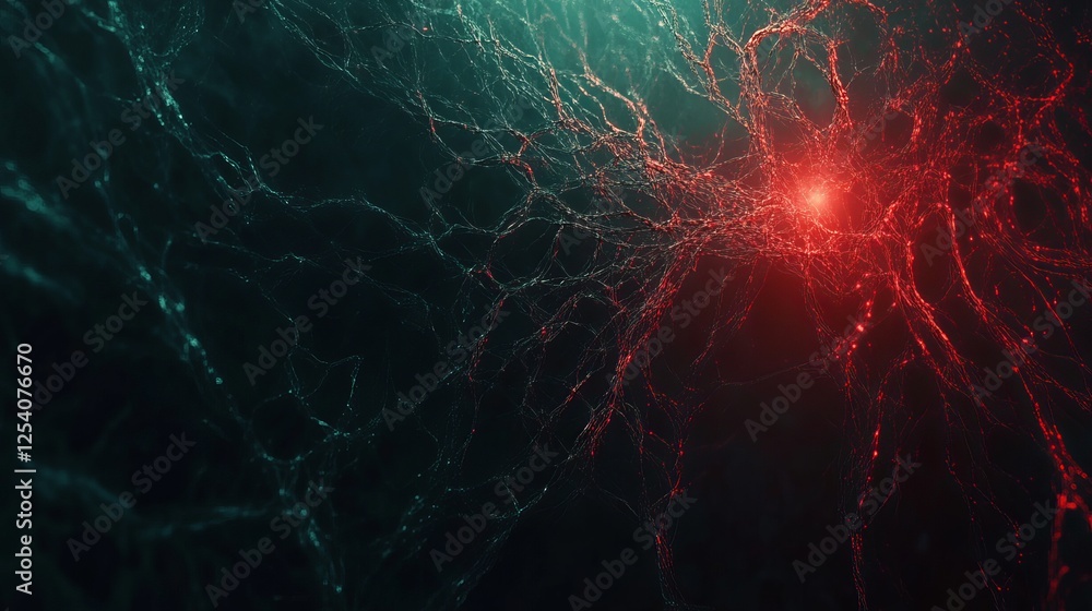 Poster abstract red and teal network digital art background intricate weblike structure modern design elega