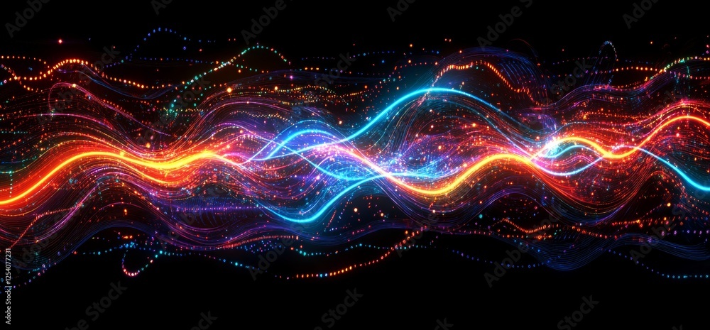 Poster big data concept. blockchain 3d illustration. information waves and the global database. neural netw