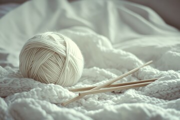 A soft ball of yarn with knitting needles rests on a cozy blanket, embodying warmth, creativity, and craftsmanship.