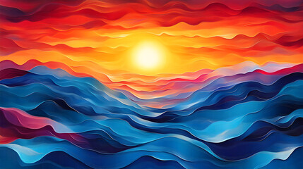 Fototapeta premium Vibrant Ocean Sunset Abstract Art: Bold Colorful Waves in Contemporary Coastal Scene