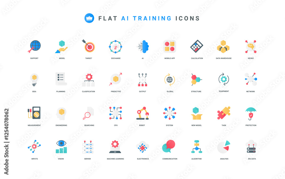 Aufkleber Machine learning, AI training, automatic data analysis and classification color icon set. Digital brain of robot and smart equipment, science model and algorithm flat elements vector illustration