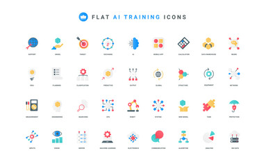 Machine learning, AI training, automatic data analysis and classification color icon set. Digital brain of robot and smart equipment, science model and algorithm flat elements vector illustration