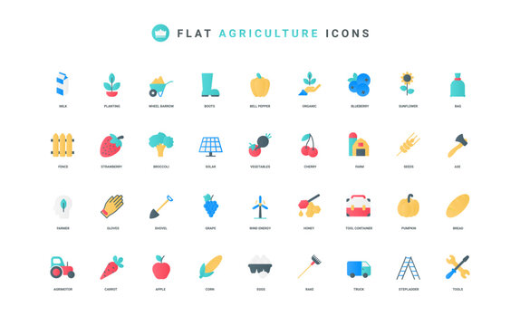 Organic agriculture and farming, local food products and agronomy color icon set. Eco dairy farm and barn, garden harvest of plants and seeds, vegetables and fruits flat elements vector illustration