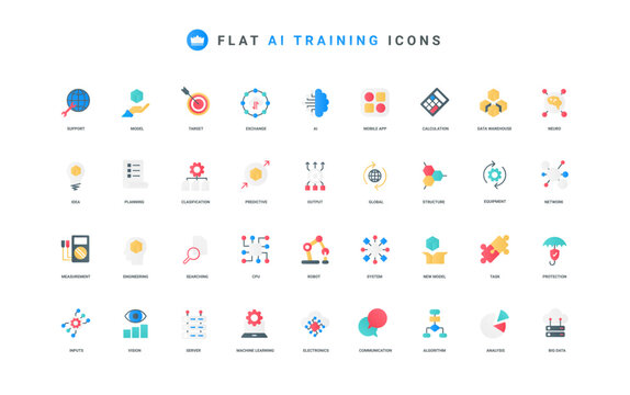 Machine learning, AI training, automatic data analysis and classification color icon set. Digital brain of robot and smart equipment, science model and algorithm flat elements vector illustration