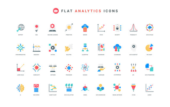 Data analysis with AI, machine learning, intelligent research process, statistics color icon set. Digital algorithm, tech structure and code to automate analytics, flat elements vector illustration