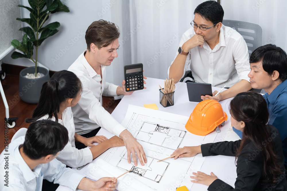 Aufkleber diverse group of civil engineer and client working together on architectural project, reviewing cons