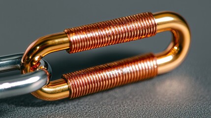 Close-up of copper-wrapped link in metal chain