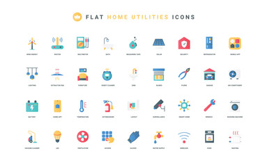 Equipment, furniture and services for comfort in house, garage color icon set. Mobile app to control smart home utilities, access to gadgets and energy, cleaning flat elements vector illustration