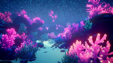 A surreal AI-generated underwater world, glowing with bioluminescent creatures and hyper-realistic coral textures.