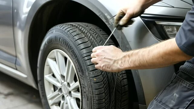 <Professional Mechanic Removing Flat Tire at Auto Repair Shop>
