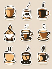 Obraz premium Discover delightful style stickers featuring various coffee cups and beans for coffee lovers and enthusiasts. Generative AI