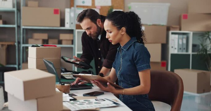 Collaboration, logistics and people with laptop, online and planning for schedule of shipment and tablet. Teamwork, man and woman with clipboard for order, process and conversation for supply chain