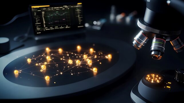 Close-up of a modern microscope analyzing glowing data points on a circular platform with a digital screen