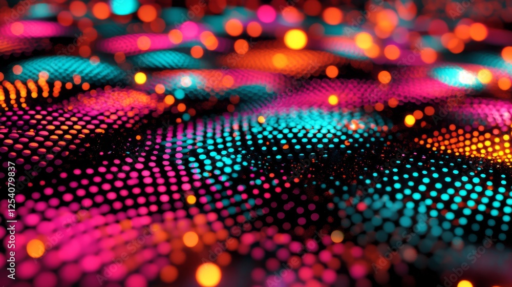 Poster a futuristic flight through a digital line landscape with blue dust particles against an abstract ba