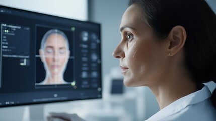 A woman is looking at a computer screen with a face on it. She is wearing a white lab coat and she is a doctor. Concept of focus and concentration as the woman studies the face on the screen