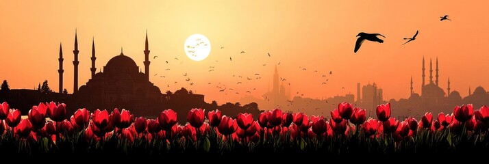 Obraz premium Turkey's Iconic Istanbul Skyline: Tulips, Gulls, Mosques, and Skyscrapers in a Striking Silhouette