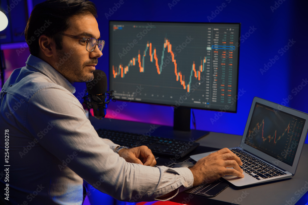 Poster smart trader businessman concentrating on dynamic stock exchange investment on pc and laptop showing