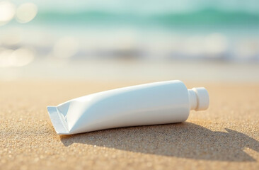 Mockup White Tube Bottle Cosmetic Jar on sand of beach. AI Generative