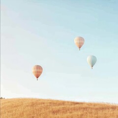 Obraz premium Hot air balloons gracefully float above a sprawling field during a clear blue sky. Generative AI