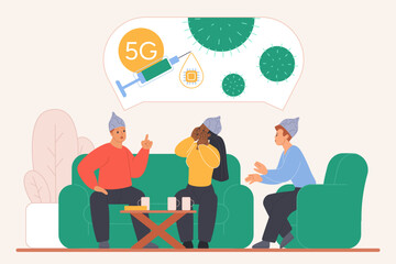 Conspiracy theory, spreading false information, brainwashing. Tiny people group wearing tinfoil hats, sitting on sofa to discuss microchips in vaccine and dangers of 5G cartoon vector illustration