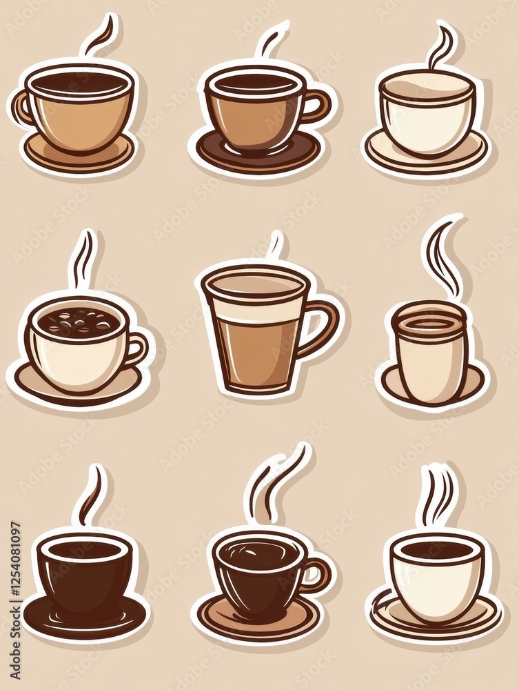 Poster colorful stickers featuring various coffee cups and beans in a playful design for beverage lovers. g