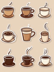 Obraz premium Colorful stickers featuring various coffee cups and beans in a playful design for beverage lovers. Generative AI