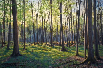 Obraz premium Forest clearing with sunlight and new green leaves for Equinox