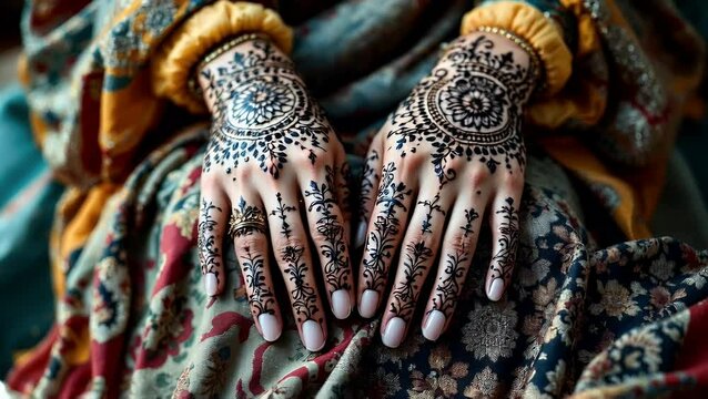 Intricate Henna Tattoo on Hands, Close-Up Shot